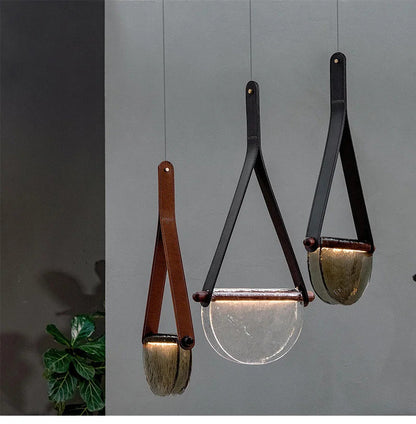 Modern leather handmade glass pendant lamp gray amber clear glass pendant Light
