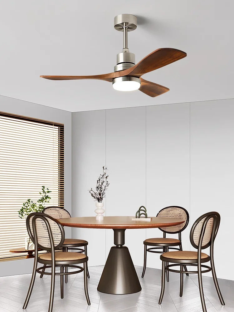 Nordic wooden Large Wind Ceiling Fan Light Retro Simple Solid walnut Electric Remote Fan lamp