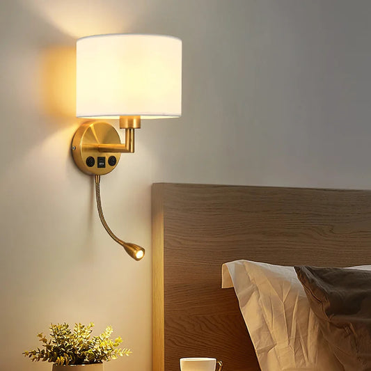 Bedside Wall Lamp LED Fabric Lampshade With 3W 360° Rotation Spotlight Reading lights