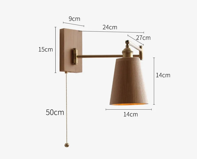 Retro Walnut Ash Wood LED Wall Lamp Copper Bedside Pull Chain Wall Light