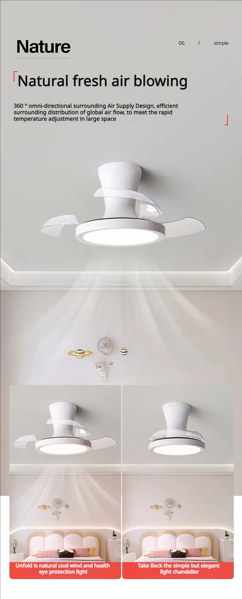 Children'S Room Invisible Fan Light Bedroom Quiet Ceiling Fan Light