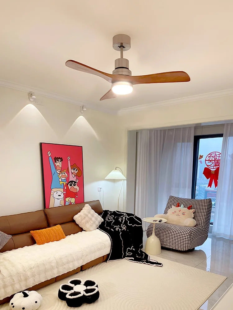 Nordic wooden Large Wind Ceiling Fan Light Retro Simple Solid walnut Electric Remote Fan lamp