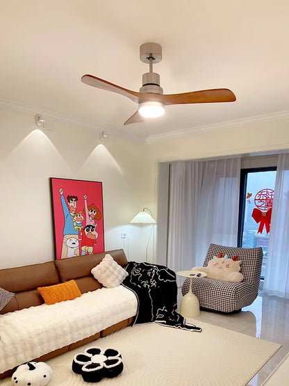 Nordic wooden Large Wind Ceiling Fan Light Retro Simple Solid walnut Electric Remote Fan lamp