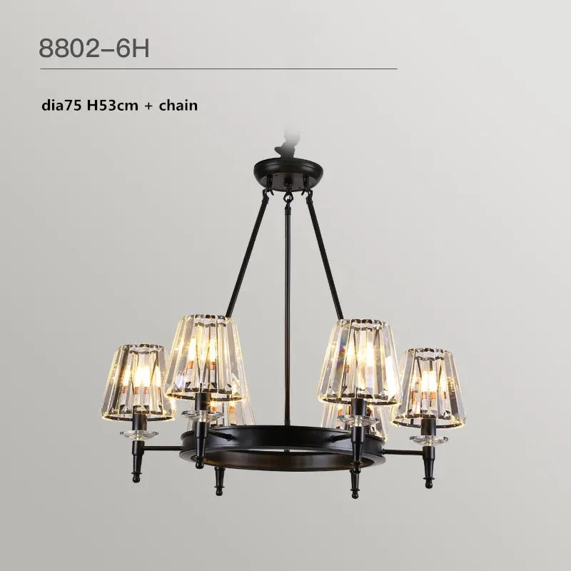 Retro Matte Black Round Metal Led Chandelier Lustre K9 Crystal Shades Pendant Lights Lighting Hanging Lamps Room Decor Fixtures