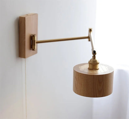 Retro Walnut Ash Wood LED Wall Lamp Copper Bedside Pull Chain Wall Light