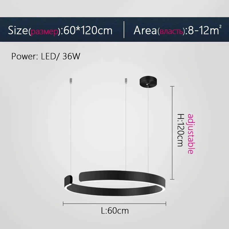 Moderno candeeiro suspenso LED em formato de anel, com intensidade regulável, nas cores dourado e preto, ideal para mesas, salas de jantar, cozinhas e quartos. Design minimalista e elegante. 