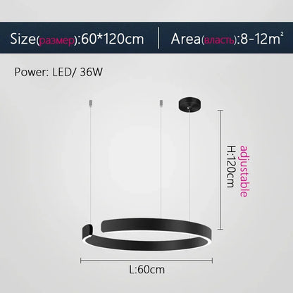 Moderno candeeiro suspenso LED em formato de anel, com intensidade regulável, nas cores dourado e preto, ideal para mesas, salas de jantar, cozinhas e quartos. Design minimalista e elegante. 