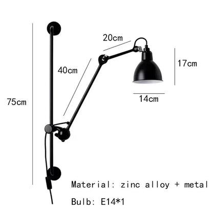 Nordic simple long black wall light Industrial Pole Swing Arm vintage Reading wall lamp