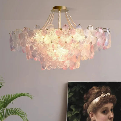 French Flower Crystal Chandelier Lamp Luxury Pink Glass Cream Petal Pendant Lights Living Room Bedroom Dining Room lighting
