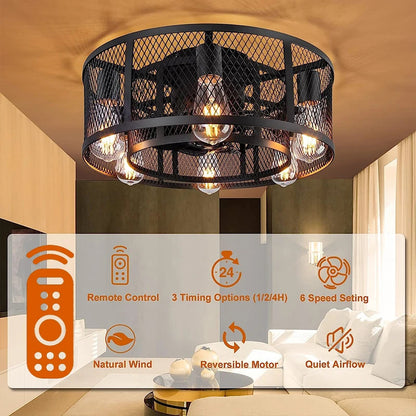 Cage Ceiling Fan with Light 20"Flush Mount Ceiling Fan Lights