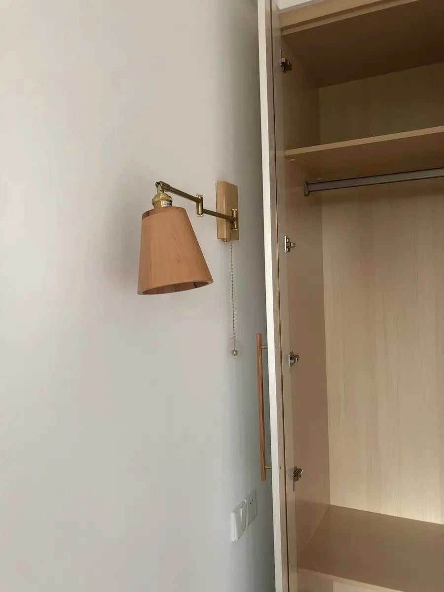 Retro Walnut Ash Wood LED Wall Lamp Copper Bedside Pull Chain Wall Light