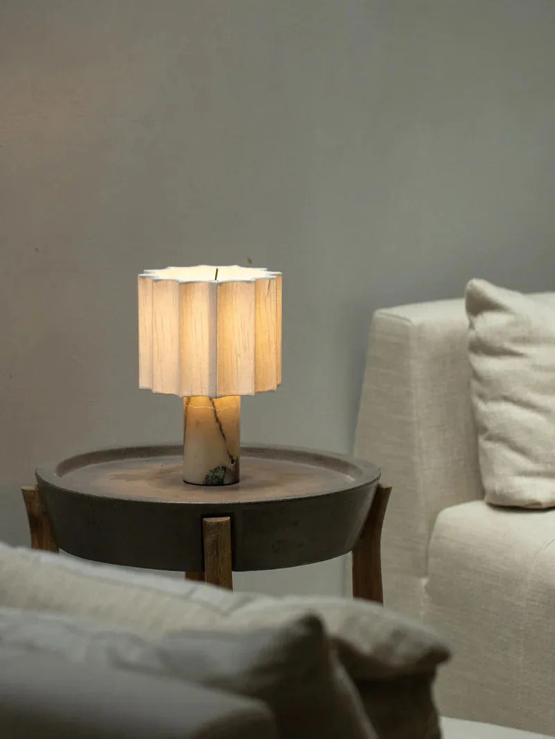 Moden Cylindrical Marble LED Table Lamps White Pleated Fabric Lampshade Living Room Bedroom Study Restaurant Reading Desk Lights