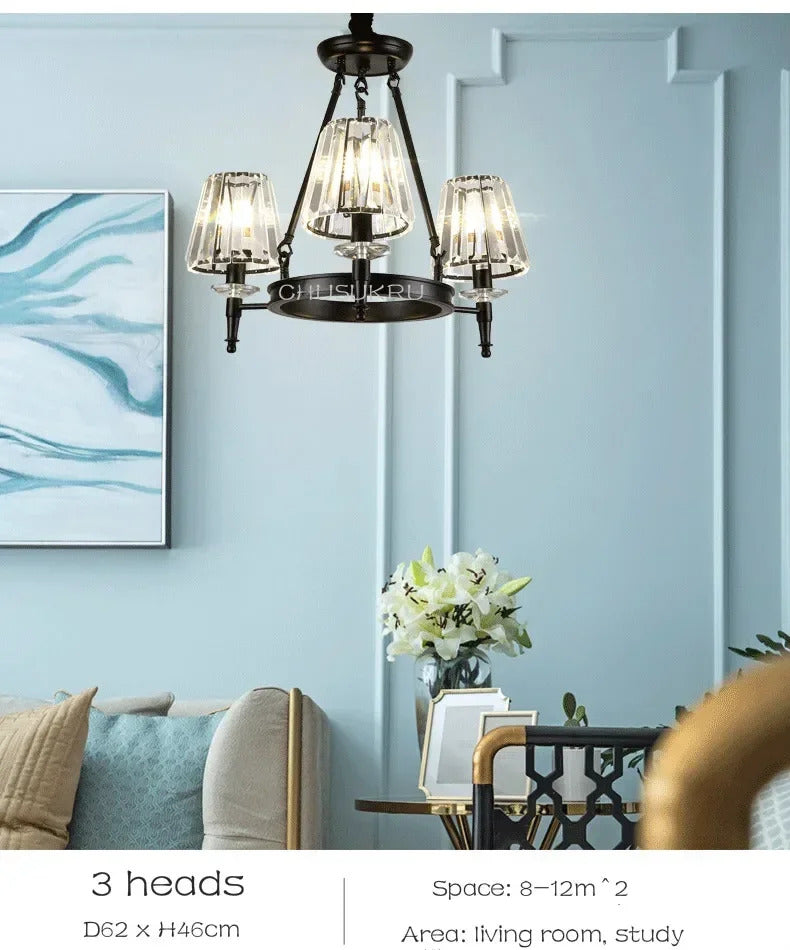 Retro Matte Black Round Metal Led Chandelier Lustre K9 Crystal Shades Pendant Lights Lighting Hanging Lamps Room Decor Fixtures