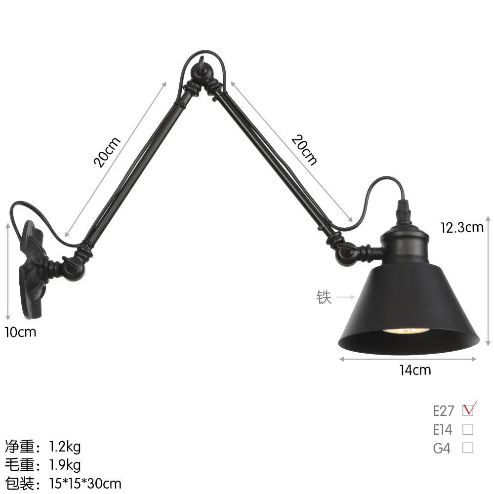 Nordic simple long black wall light Industrial Pole Swing Arm vintage Reading wall lamp
