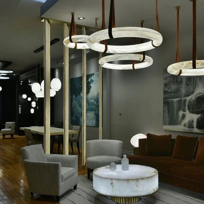 Hot selling high-end living room main light, round all copper leather pendant light, Spanish marble pendant light