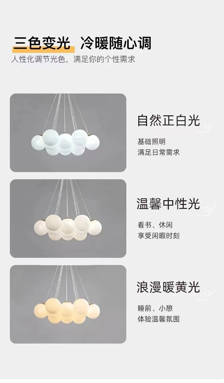 Lustre moderno em estilo creme com bolas de vidro branco, lustre criativo de bolhas LED para sala de estar e quarto, candeeiro nórdico com lua e planetas.