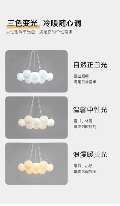 Lustre moderno em estilo creme com bolas de vidro branco, lustre criativo de bolhas LED para sala de estar e quarto, candeeiro nórdico com lua e planetas.