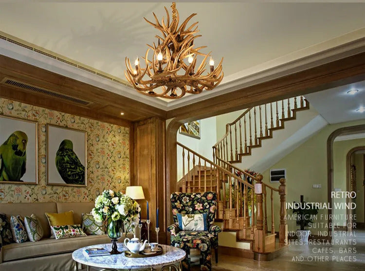 Retro Antler Chandelier Lighting Resin Deer Horn Pendant Lamp