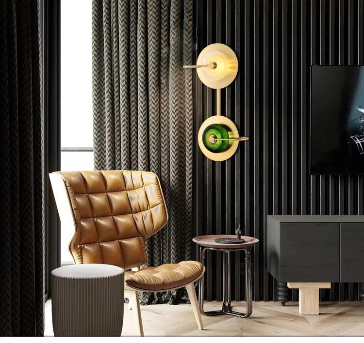 Nordic Retro round glass wall lamp Modern luxury metal plate Green Crystal wall light