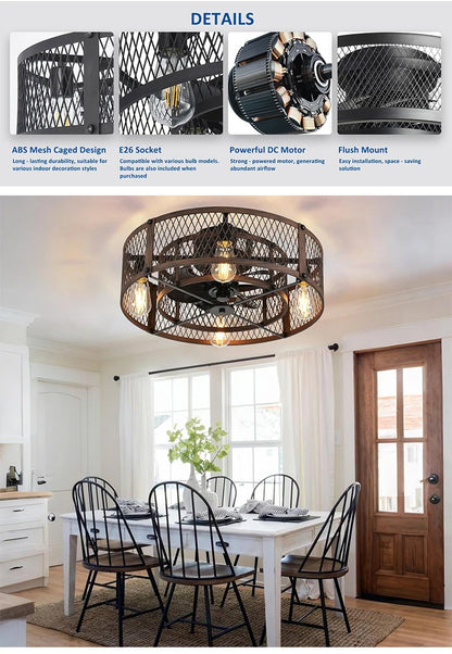 Cage Ceiling Fan with Light 20"Flush Mount Ceiling Fan Lights
