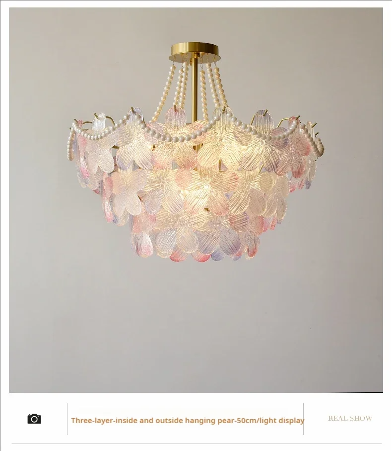 French Flower Crystal Chandelier Lamp Luxury Pink Glass Cream Petal Pendant Lights Living Room Bedroom Dining Room lighting