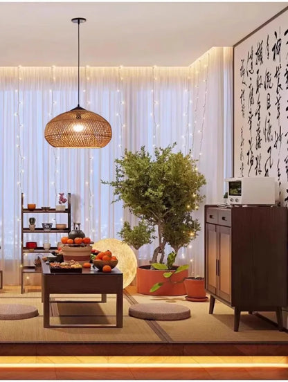 Japanese Wabi-Sabi Rattan Pendant Light Hand-Woven Boho Lamp