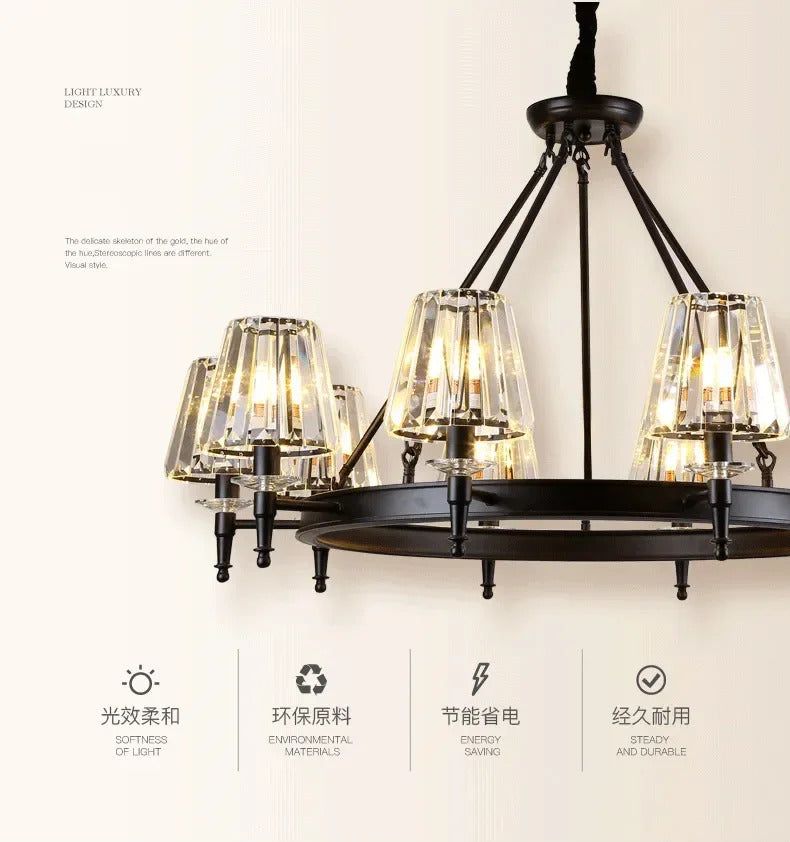Retro Matte Black Round Metal Led Chandelier Lustre K9 Crystal Shades Pendant Lights Lighting Hanging Lamps Room Decor Fixtures