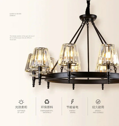 Retro Matte Black Round Metal Led Chandelier Lustre K9 Crystal Shades Pendant Lights Lighting Hanging Lamps Room Decor Fixtures
