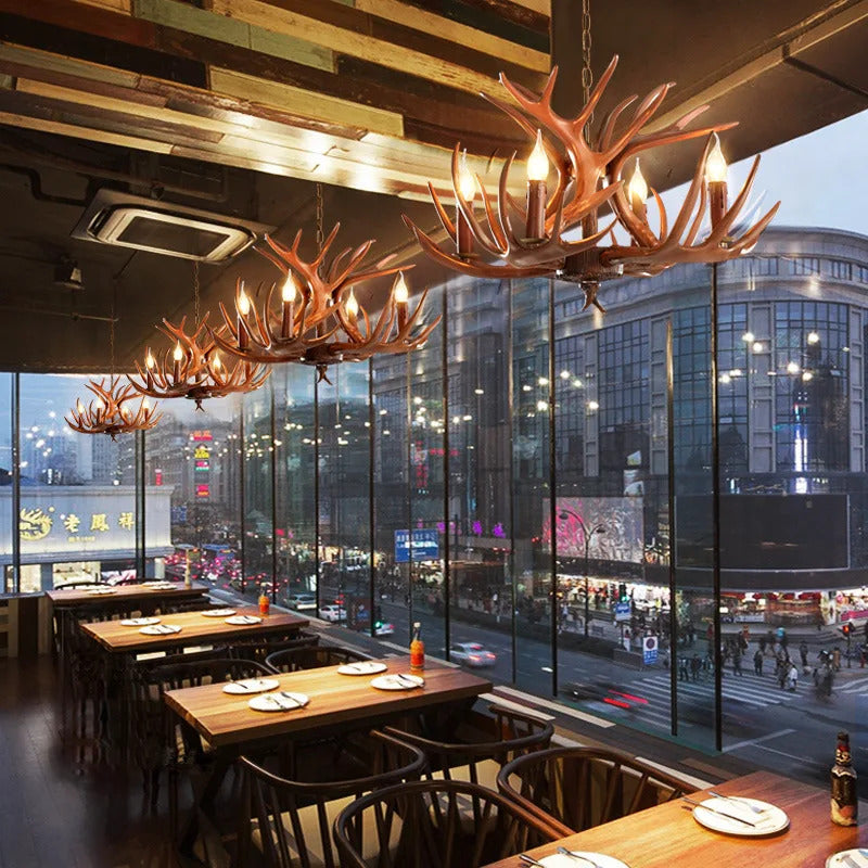 Retro Antler Chandelier Lighting Resin Deer Horn Pendant Lamp