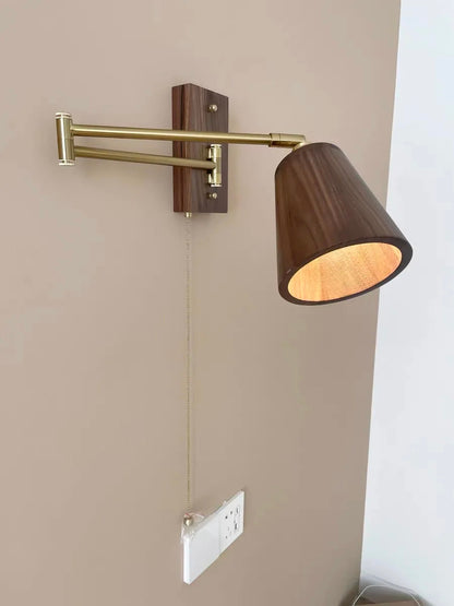 Retro Walnut Ash Wood LED Wall Lamp Copper Bedside Pull Chain Wall Light