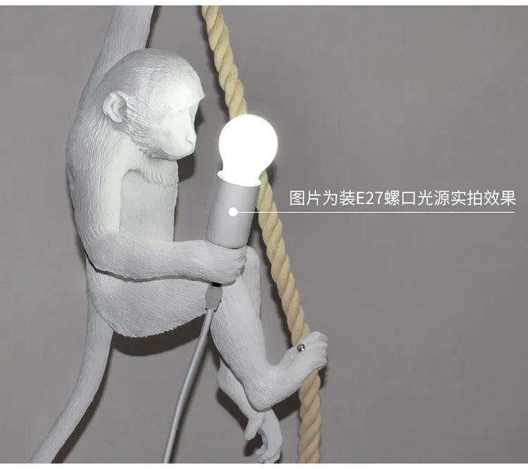 Art creative monkey Pendant lamp White black Resin animal hemp rope wall lamp