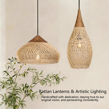 Japanese Wabi-Sabi Rattan Pendant Light Hand-Woven Boho Lamp