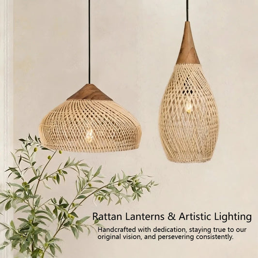 Japanese Wabi-Sabi Rattan Pendant Light Hand-Woven Boho Lamp