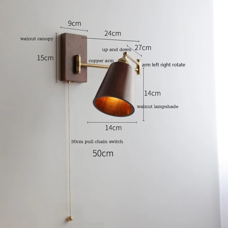 Retro Walnut Ash Wood LED Wall Lamp Copper Bedside Pull Chain Wall Light