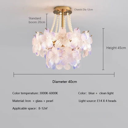 French Flower Crystal Chandelier Lamp Luxury Pink Glass Cream Petal Pendant Lights Living Room Bedroom Dining Room lighting