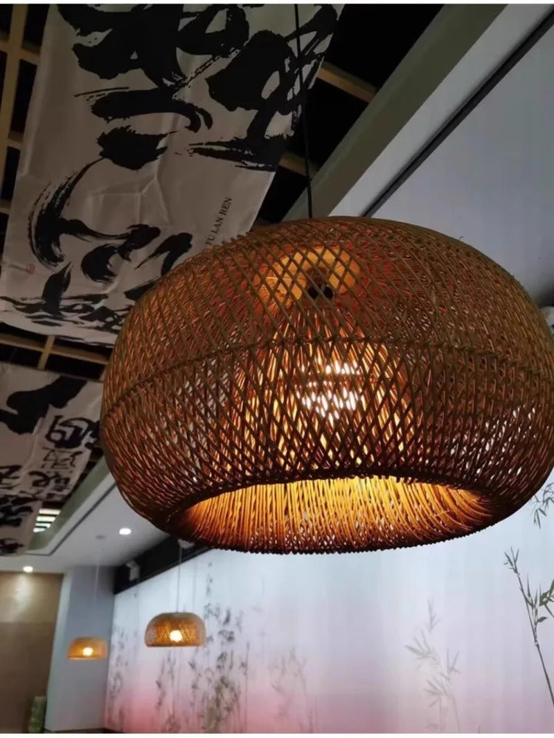 Japanese Wabi-Sabi Rattan Pendant Light Hand-Woven Boho Lamp
