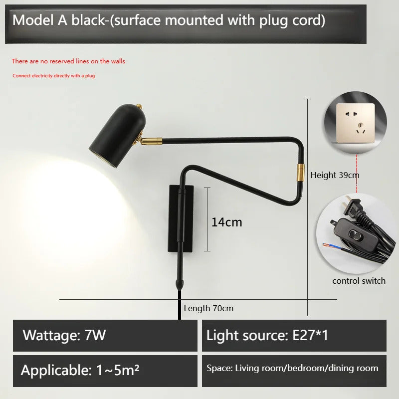 Nordic Long arm Wall lamp Art design Adjustable Wall light gold black swing sconce