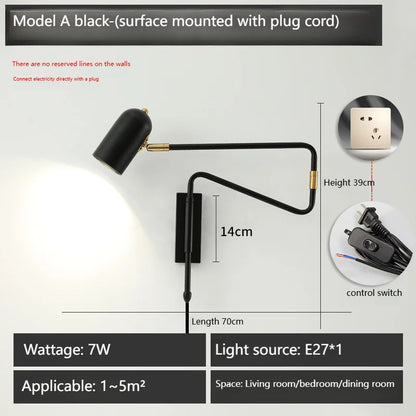 Nordic Long arm Wall lamp Art design Adjustable Wall light gold black swing sconce