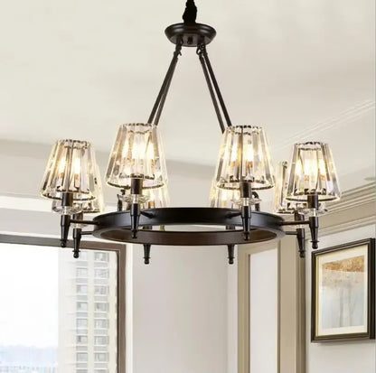 Retro Matte Black Round Metal Led Chandelier Lustre K9 Crystal Shades Pendant Lights Lighting Hanging Lamps Room Decor Fixtures
