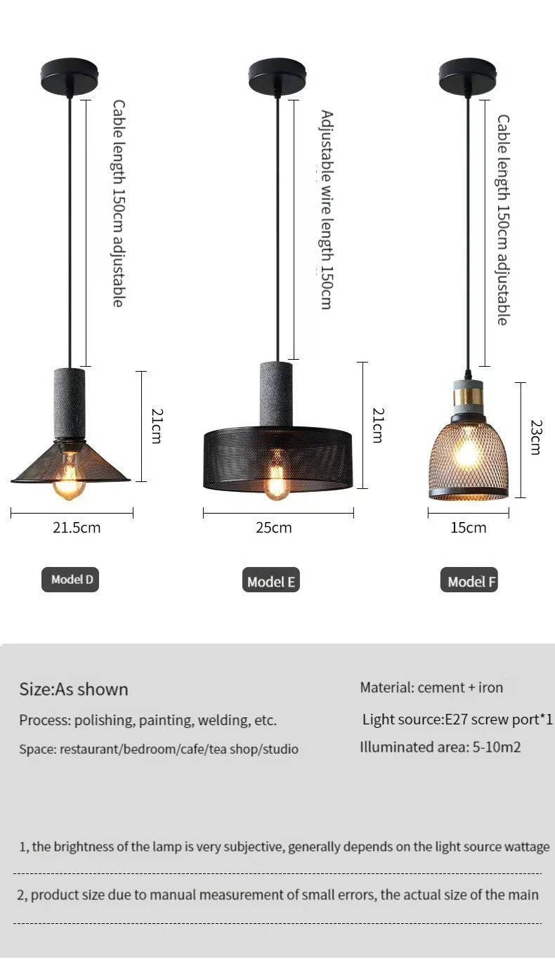 Industrial Concrete Pendant Light Home Decoration Chandelier Fixture Iron Shade Cement Hanging Lamp