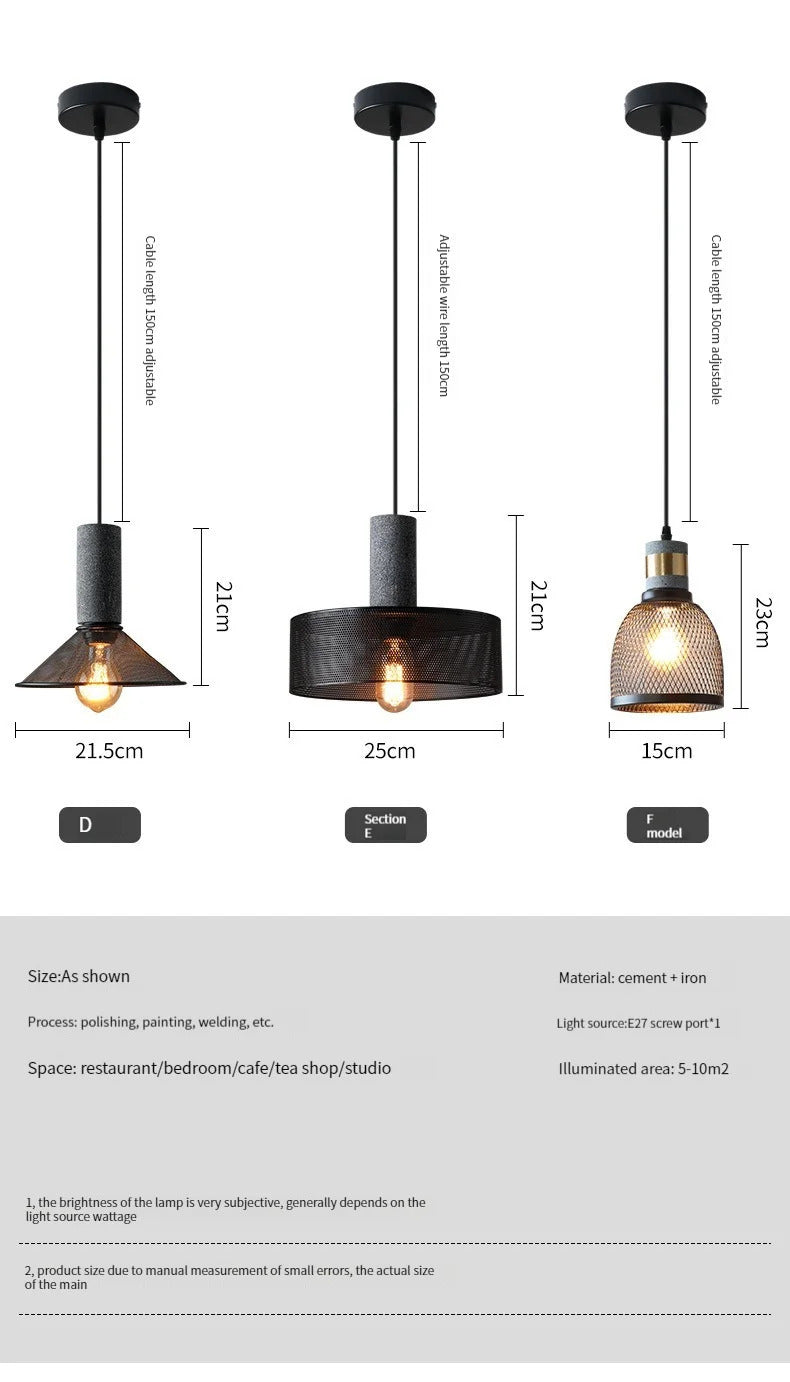Industrial Concrete Pendant Light Home Decoration Chandelier Fixture Iron Shade Cement Hanging Lamp