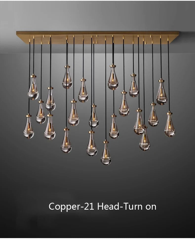 Luxury All Copper LED Pendant Light Modern Water drop Glass chandelier