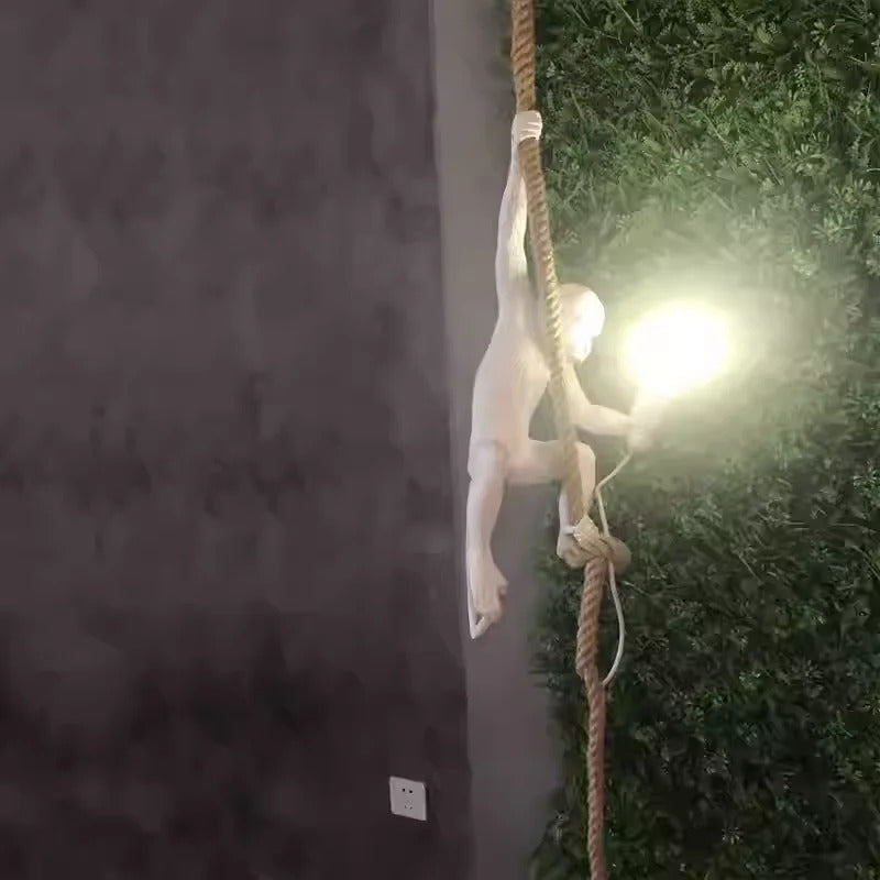 Art creative monkey Pendant lamp White black Resin animal hemp rope wall lamp