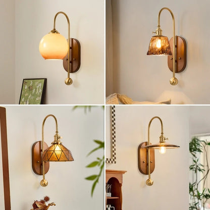 French Lomin Retro Wall Lamp Luxury vintage Glass wooden Wall Light sconce