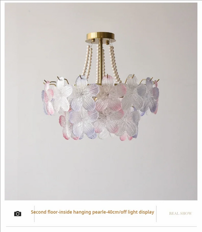 French Flower Crystal Chandelier Lamp Luxury Pink Glass Cream Petal Pendant Lights Living Room Bedroom Dining Room lighting