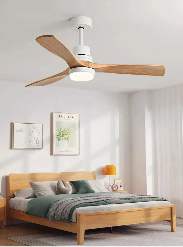 Nordic wooden Large Wind Ceiling Fan Light Retro Simple Solid walnut Electric Remote Fan lamp