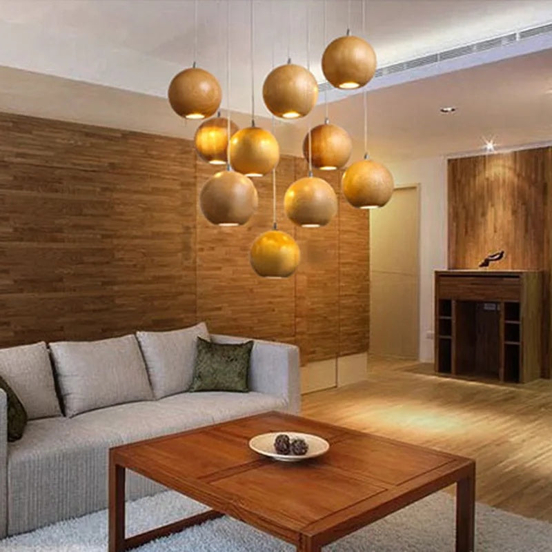 Wooden Orb Sphere Cluster Pendant Light