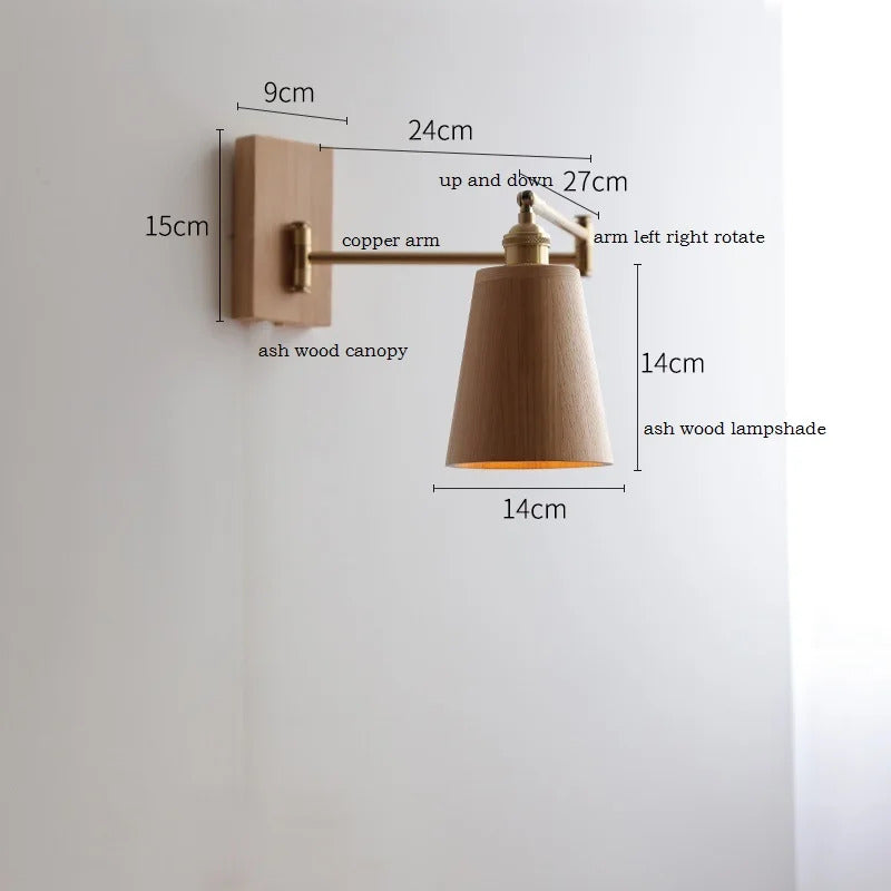 Retro Walnut Ash Wood LED Wall Lamp Copper Bedside Pull Chain Wall Light