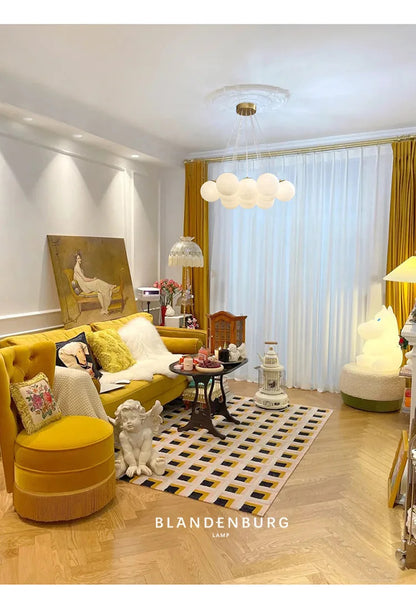 Lustre moderno em estilo creme com bolas de vidro branco, lustre criativo de bolhas LED para sala de estar e quarto, candeeiro nórdico com lua e planetas.