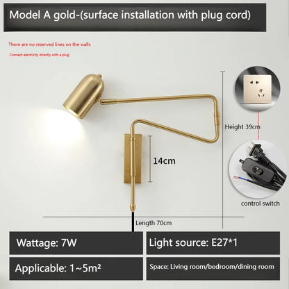 Nordic Long arm Wall lamp Art design Adjustable Wall light gold black swing sconce